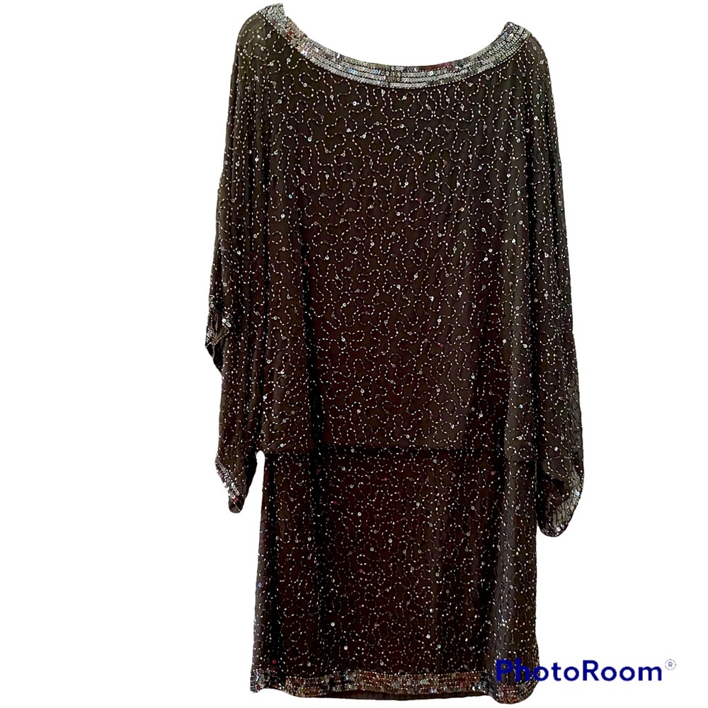 Jkara Cocktail Dress  Dropped Waist Dolman sleeves Slate w/sequins Size 16
